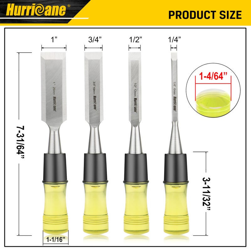 Hurricane مجموعة أدوات نحت الخشب HURRICANE 4 قطع. شفرات حواف مائلة من فولاذ CR-V مع أغطية أمان. مقبض من PVC عالي التأثير، للنحت الدقيق ومشاريع DIY (1/4"، 1/2"، 3/4"، 1") - Image 2